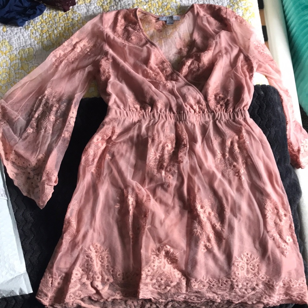 Blush pink lace belle sleeve dress